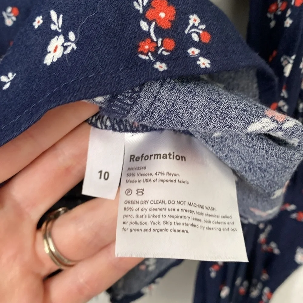 Reformation Navy Blue Floral Square-Neck Puff Sleeve Top